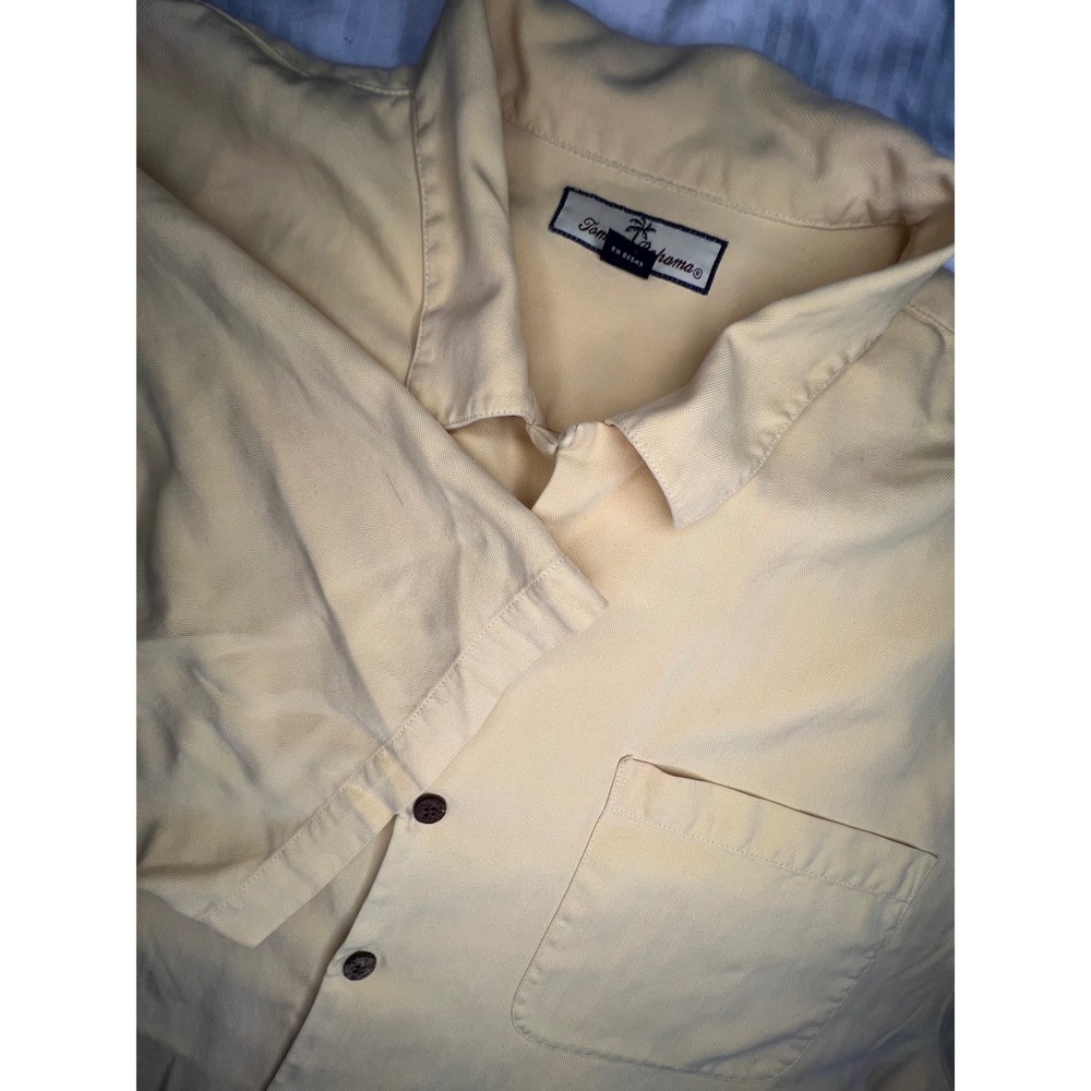 Tommy Bahama Relax Mens XL Yellow 100% Silk Herringbone Short‎ Sleeve Camp Shirt